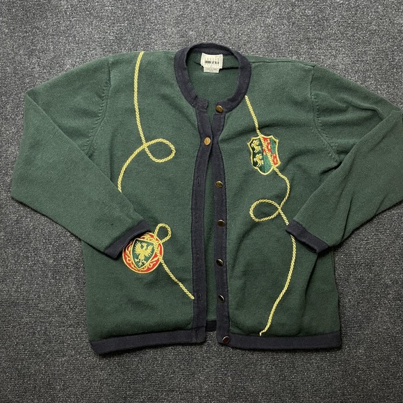 Leslie Fay Sweaters - Vintage Leslie Fay Cardigan Sweater Womens Med Green Crewneck Crest Embroidered
